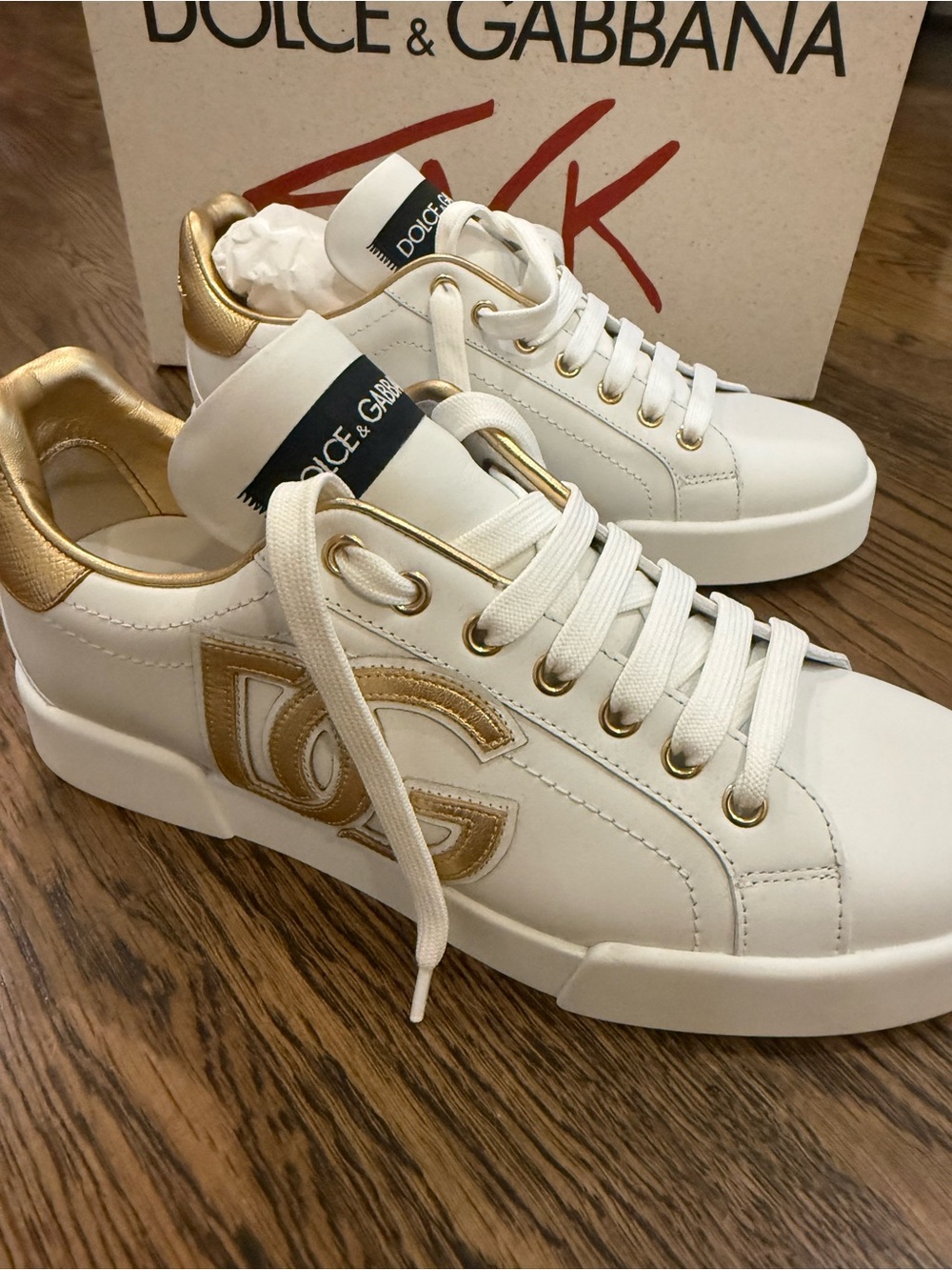 Dolce&Gabbana Portofino Women’s Low Top Leather Lace-Up Sneaker White/Gold
